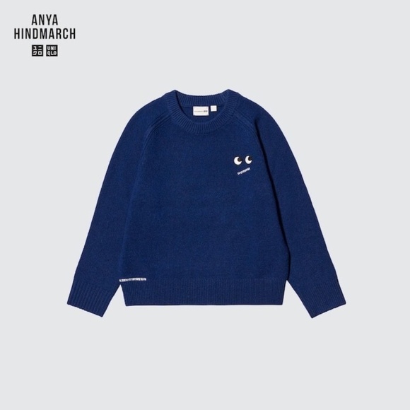 ANYA HINDMARCH UNIQLO Lambswool Crew Neck Sweater Kids Size 5-6, Navy Blue, EUC - Picture 3 of 11